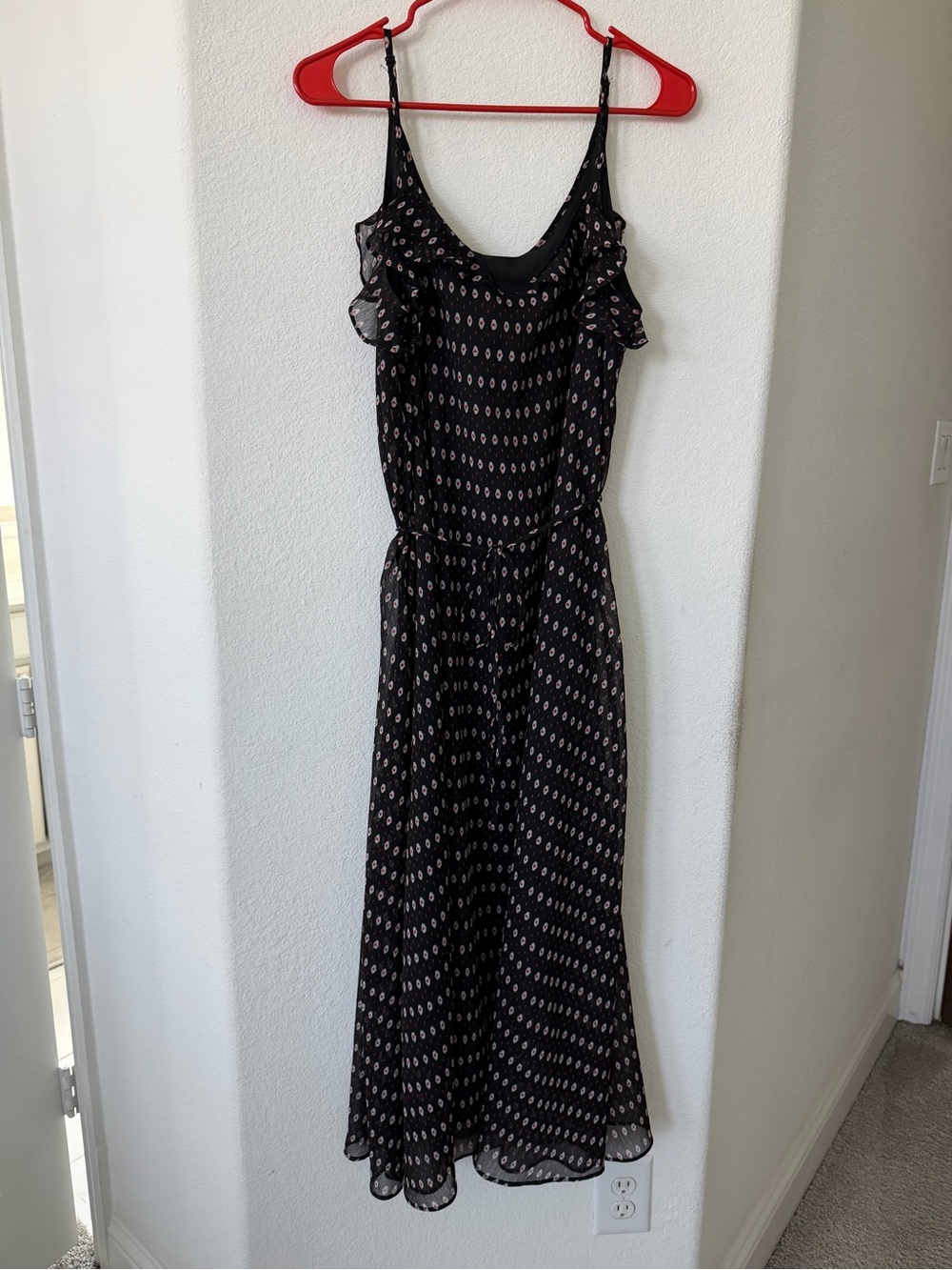 Black Printed Ruffle-Trim Maxi Dress